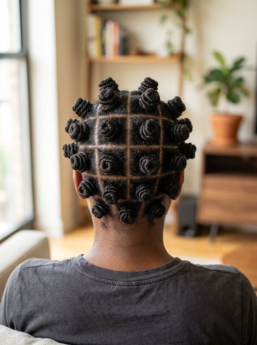 Back view of a person wearing tight, grid-patterned bantu knot braids against a blurred living room background.