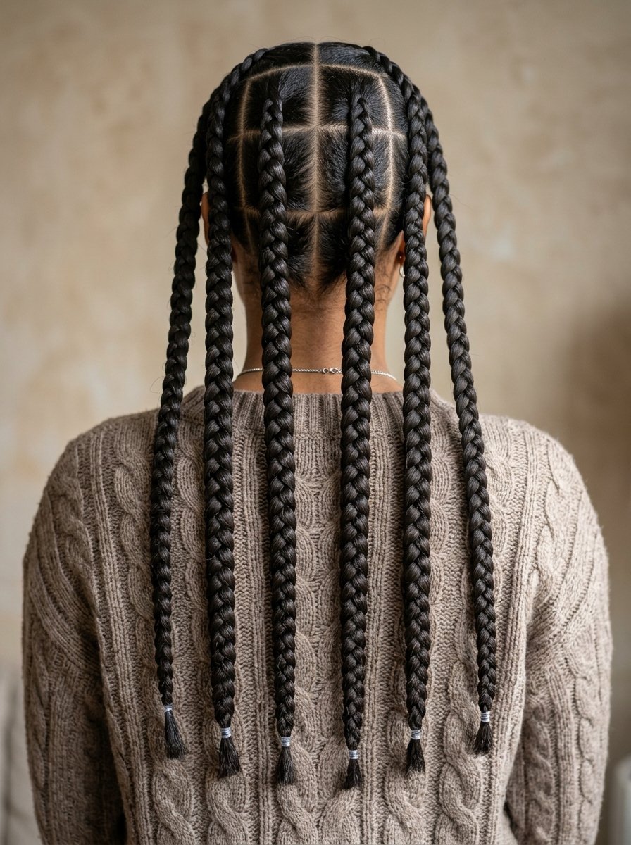 Close up of a person wearing their dark hair in six long, straight box braids against a textured beige background.