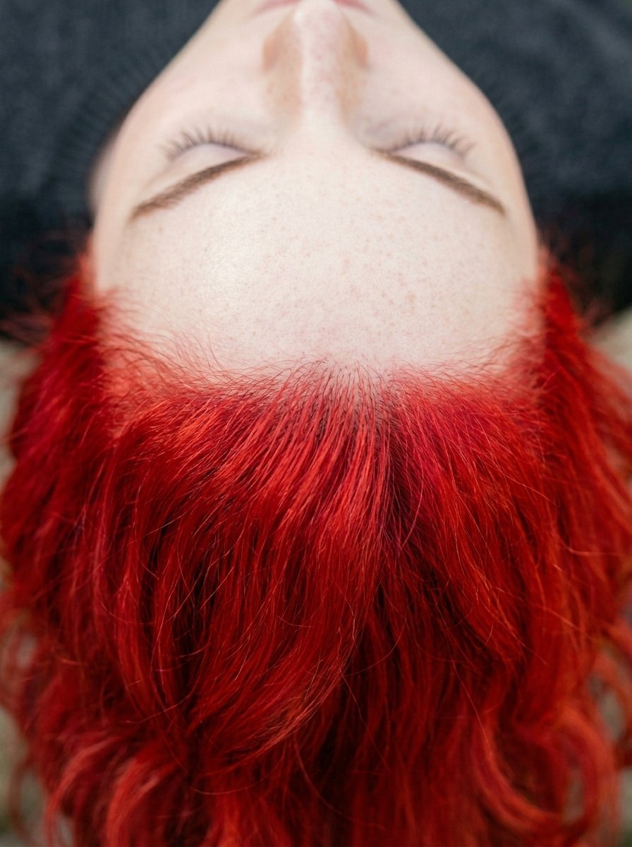 Top-down view of a fair-skinned person with bright red hair and freckles, eyes closed in profile.