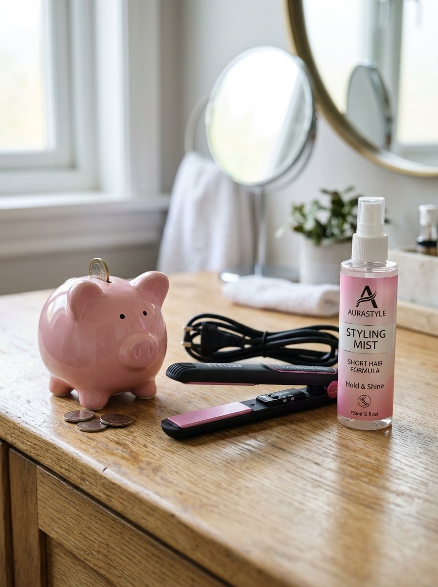 Ceramic pig bank with coins and hair spray on a wooden bathroom counter