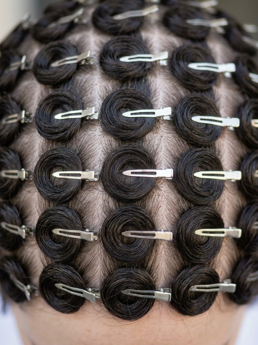 Close up of a person's head with dark hair sectioned into uniform circular curls secured by silver clips.