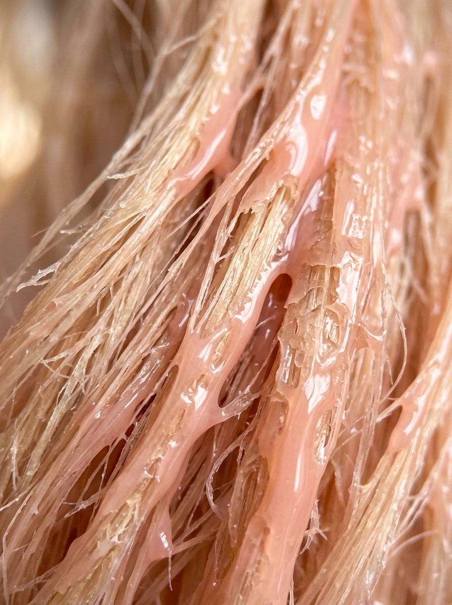 Close-up view of textured natural fibers coated in a glossy, light pink sticky gel material.