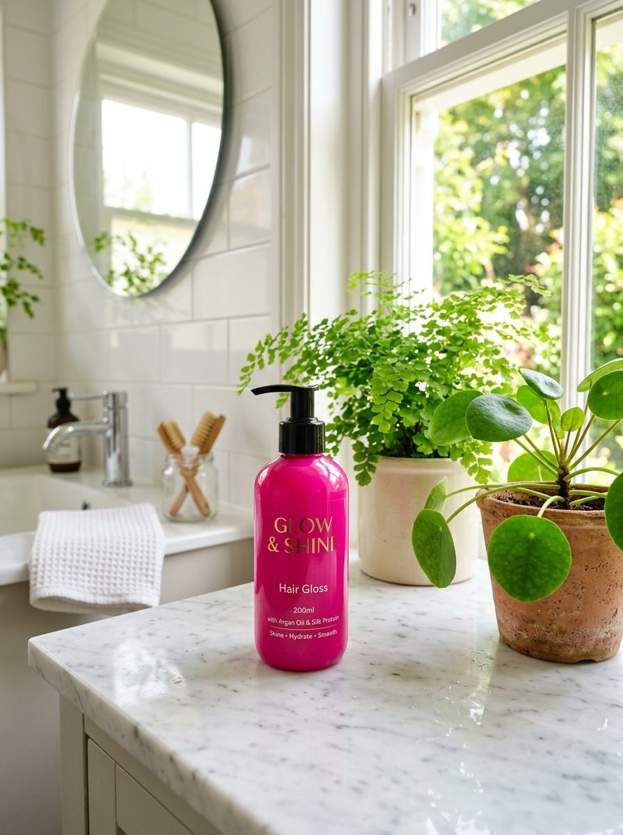 A hot pink pump bottle of hair gloss sits on a white marble vanity next to potted houseplants.