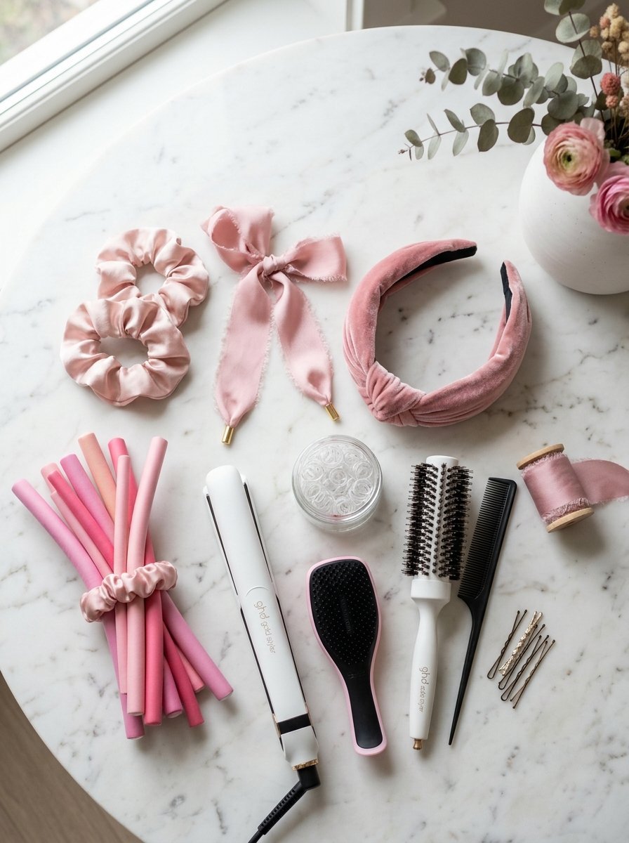 Hair tools including curling rods, GHD straightener, brushes, and pink hair accessories arranged on a marble table.