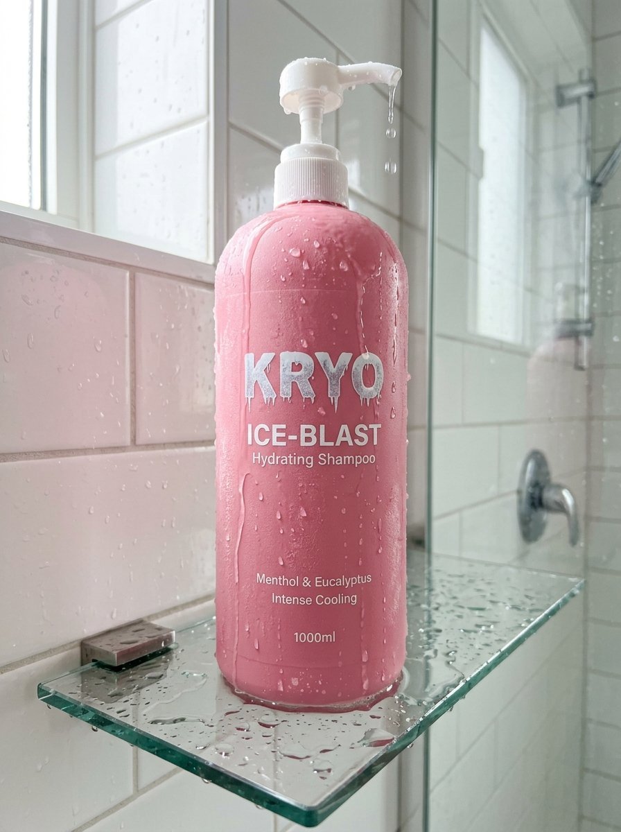 A pink Kryo shampoo bottle covered in water droplets sitting on a glass shower shelf.