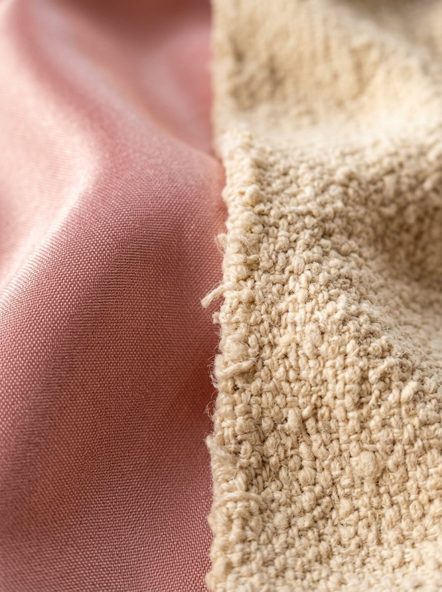 Close up detail of a smooth dusty rose synthetic fabric folded against a rough textured cream colored material.