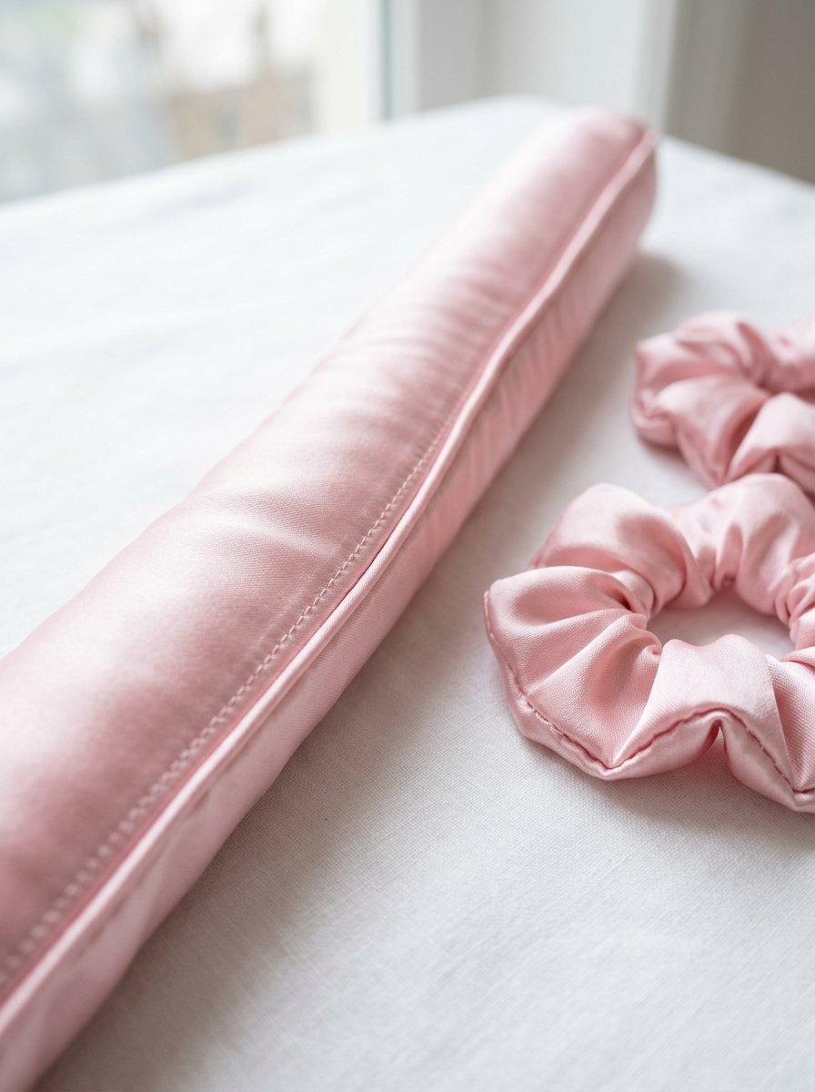A soft pink satin hair curling rod placed next to two matching hair scrunchies on white fabric.