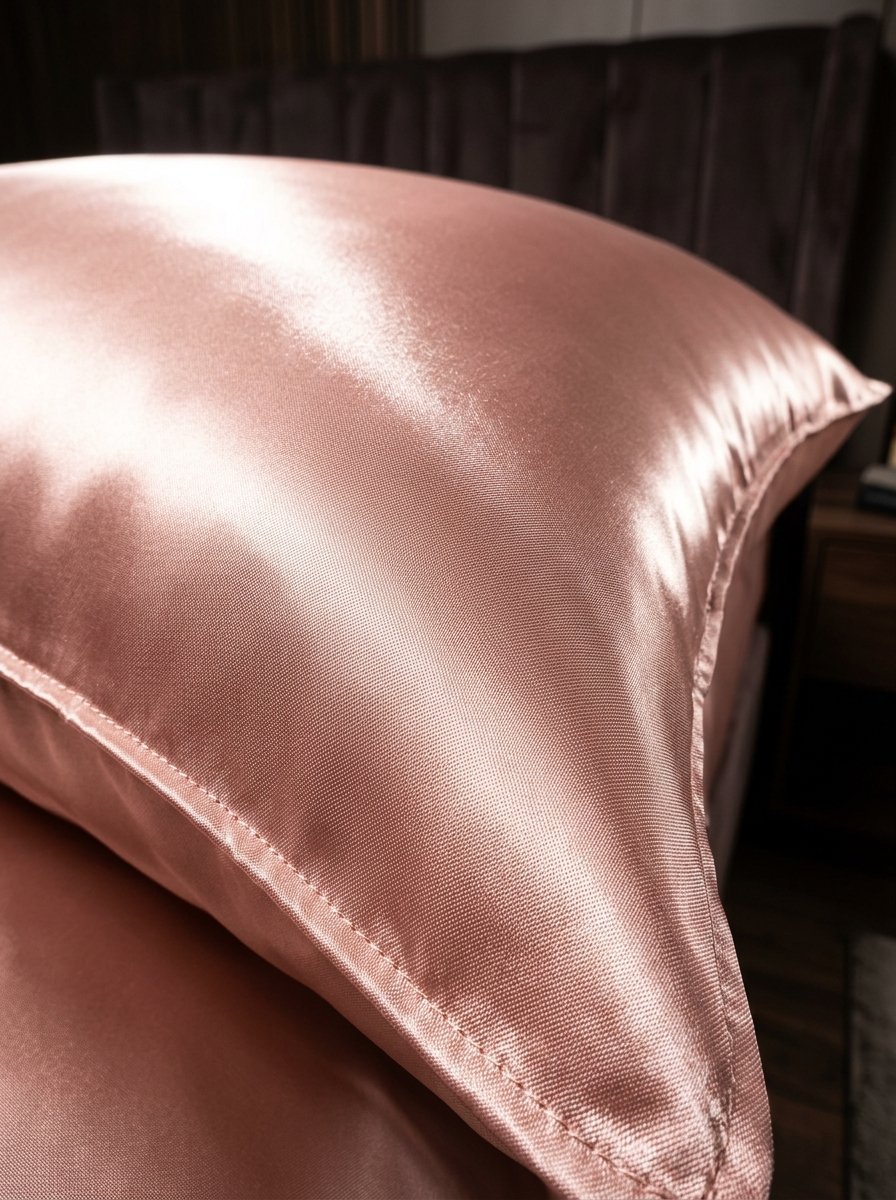 A detailed shot showing the smooth, glossy texture and stitching of a dusty rose silk pillowcase on a bed.