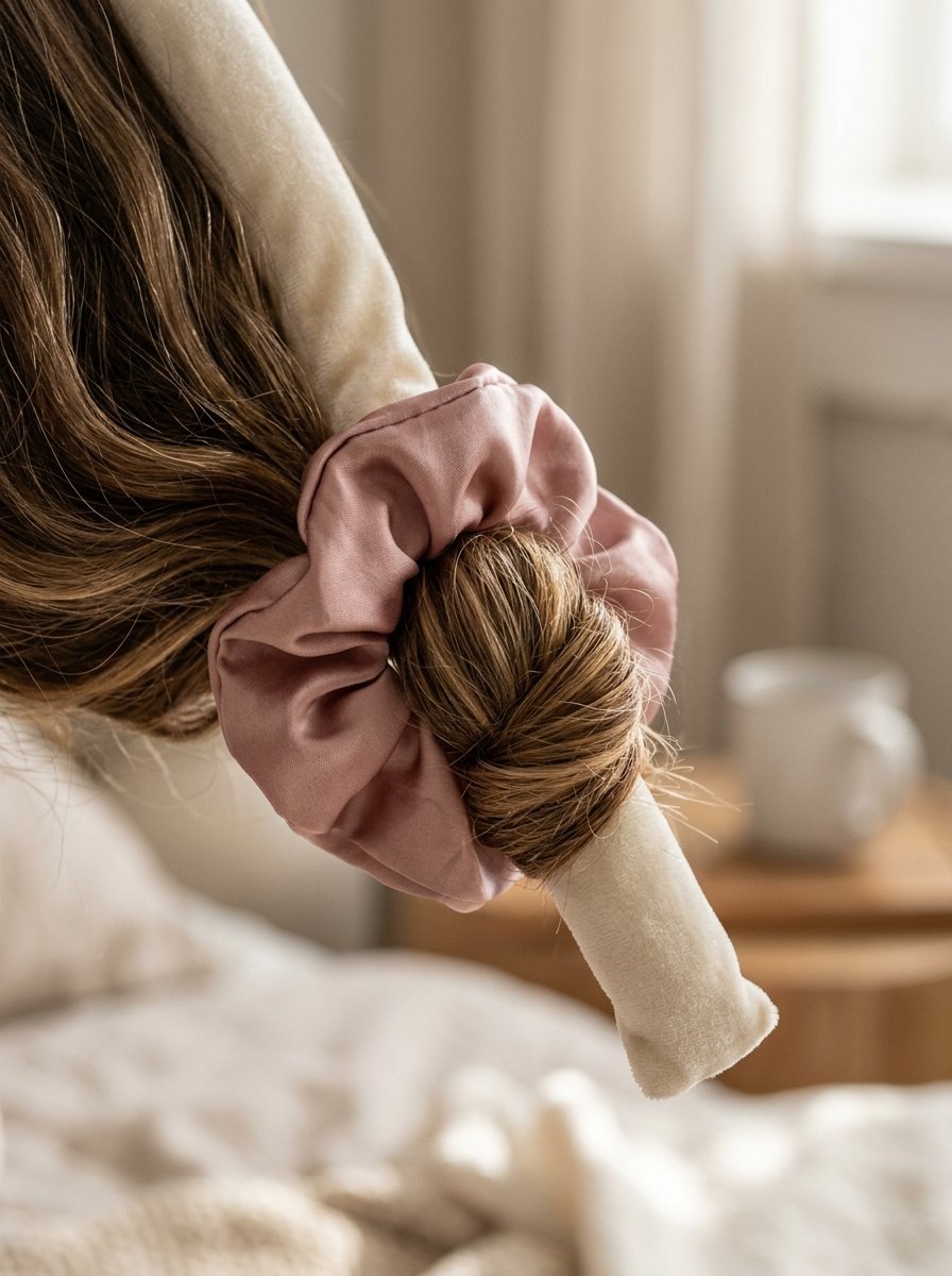 Long brown hair wrapped around a cream heatless curling rod secured by a dusty pink fabric scrunchie.