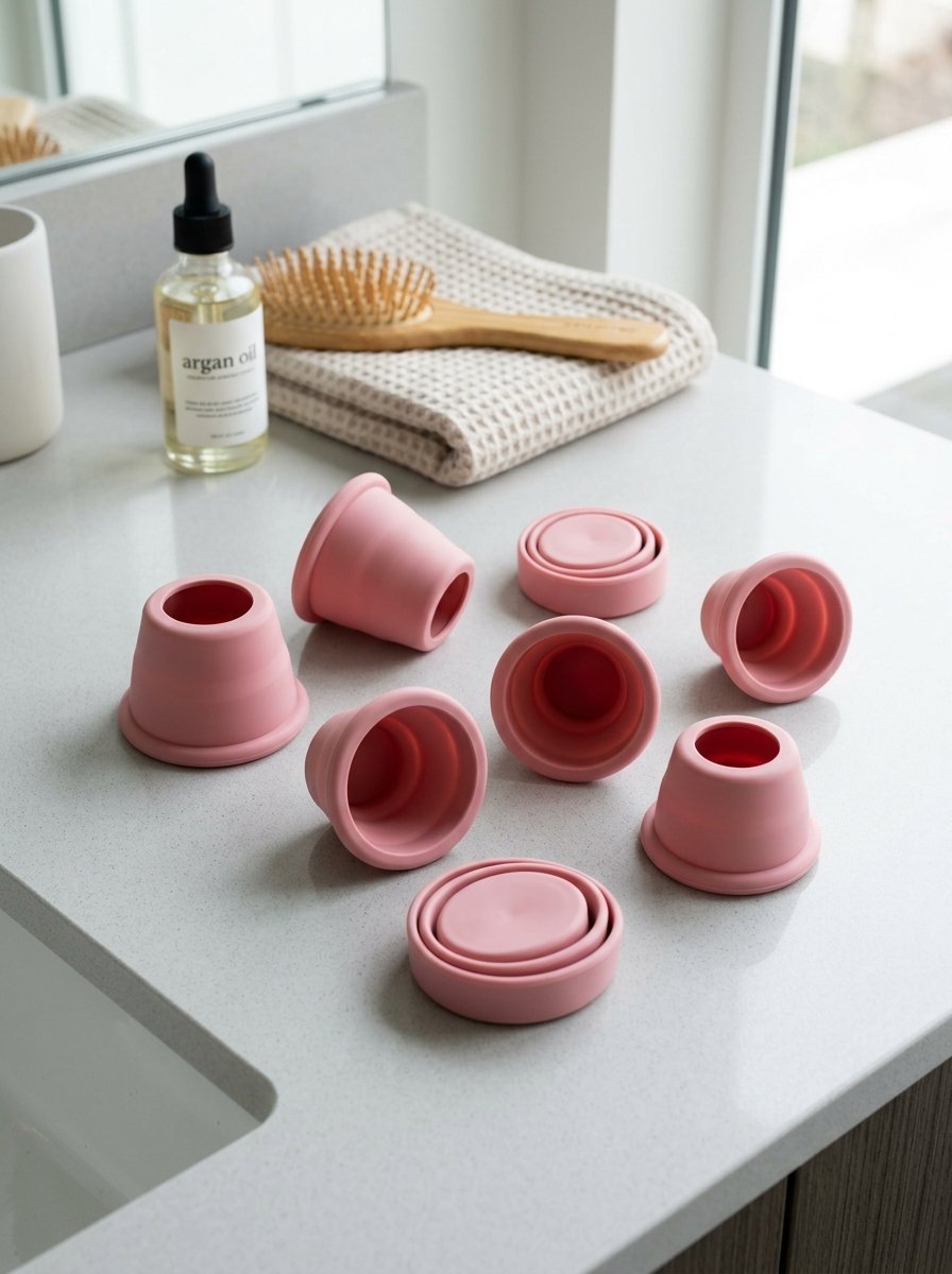 Several small pink silicone suction cups for facial massage arranged on a light grey stone bathroom countertop.