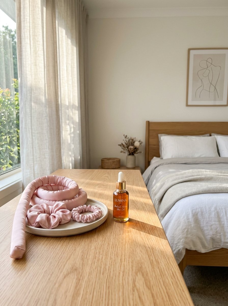 Pink silk heatless hair curler with matching scrunchies and amber dropper bottle on a light wood bedroom dresser.