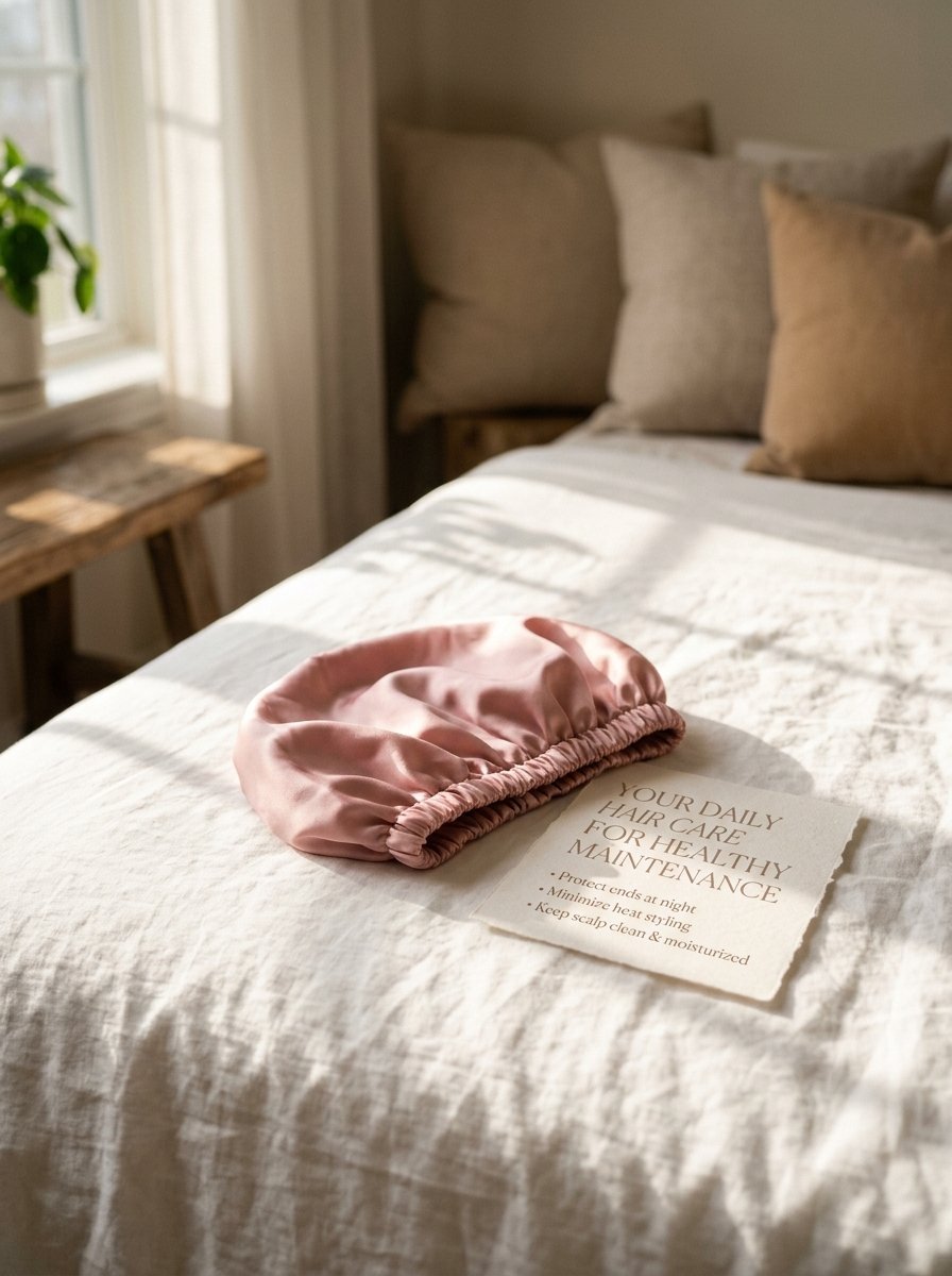Pink silk sleep cap sitting on white linen bedding next to a hair care maintenance card.