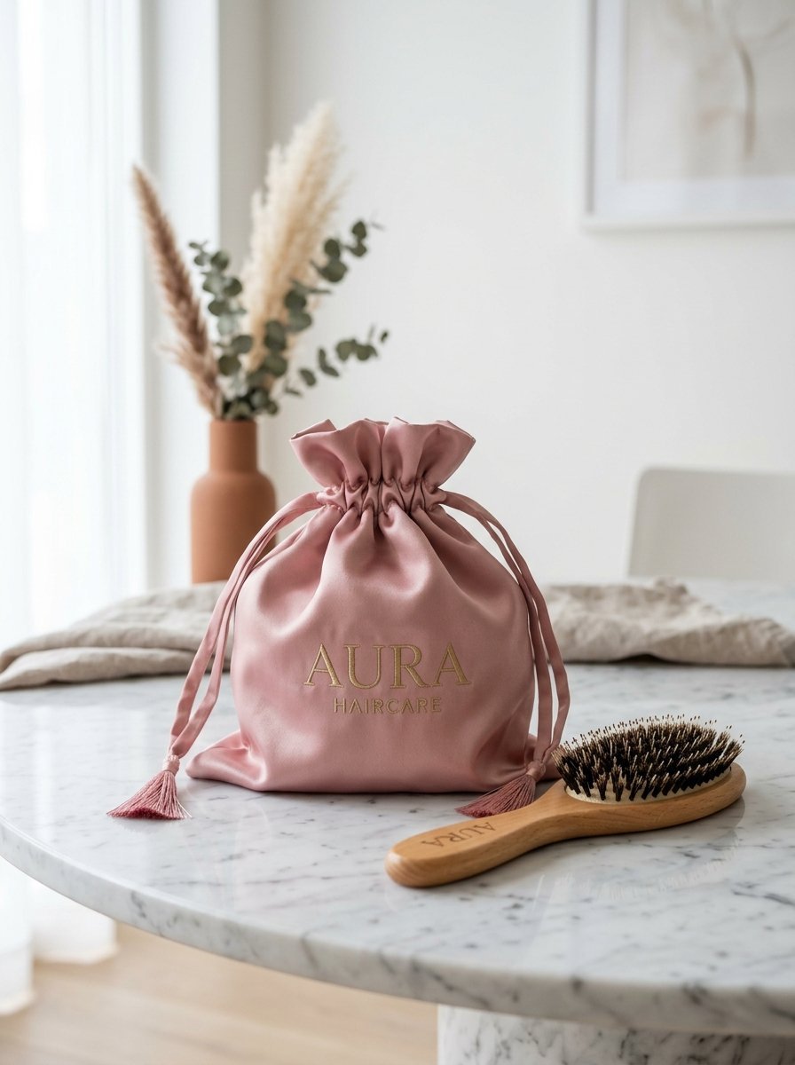 Pink satin Aura Haircare storage pouch beside a wooden hairbrush on a white marble table.