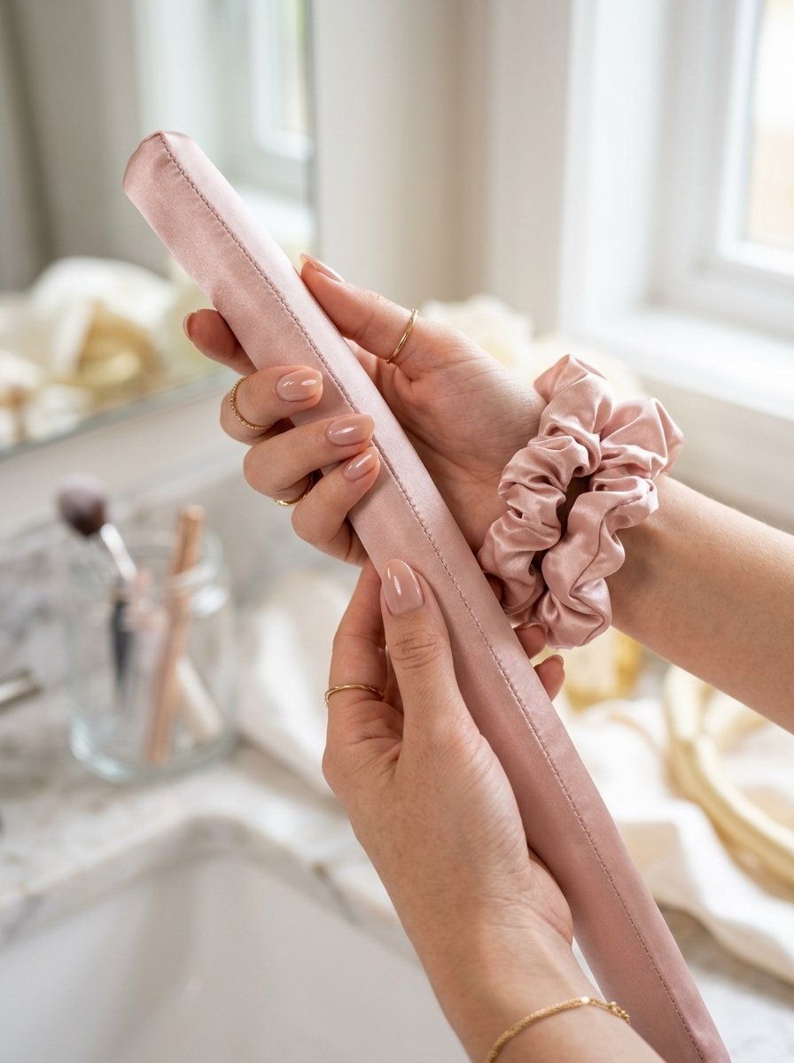 Close up of hands holding a dusty pink silk hair curling tool with a matching scrunchie on the wrist.