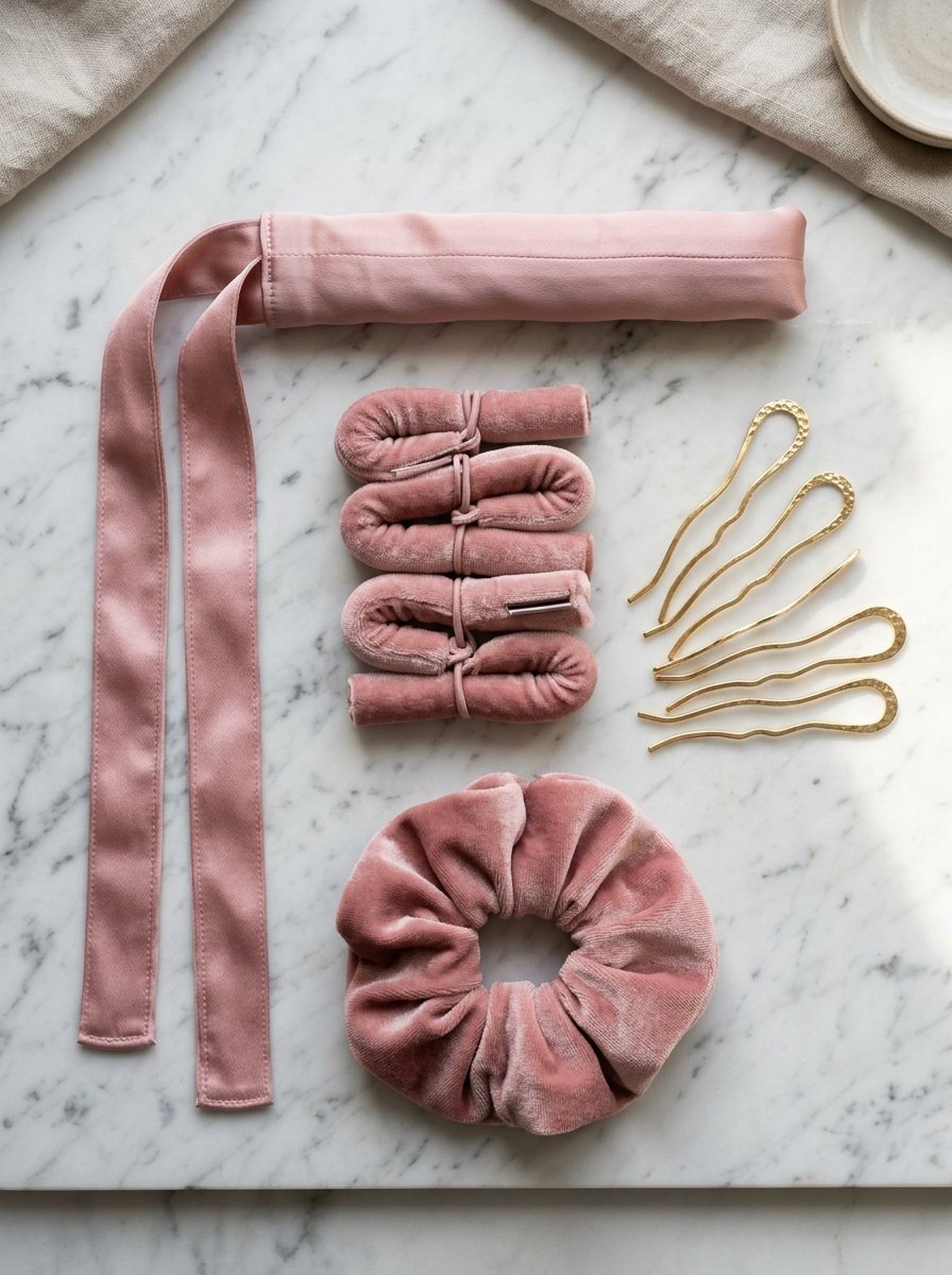 Pink velvet heatless hair curling rod, scrunchie, and four gold U-shaped hair pins displayed on white marble.