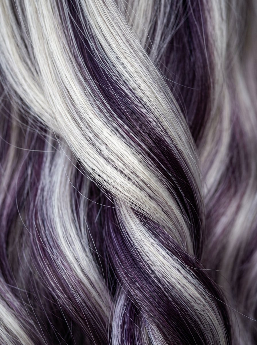 Swirling strands of hair dyed with alternating platinum and deep eggplant purple streaks.