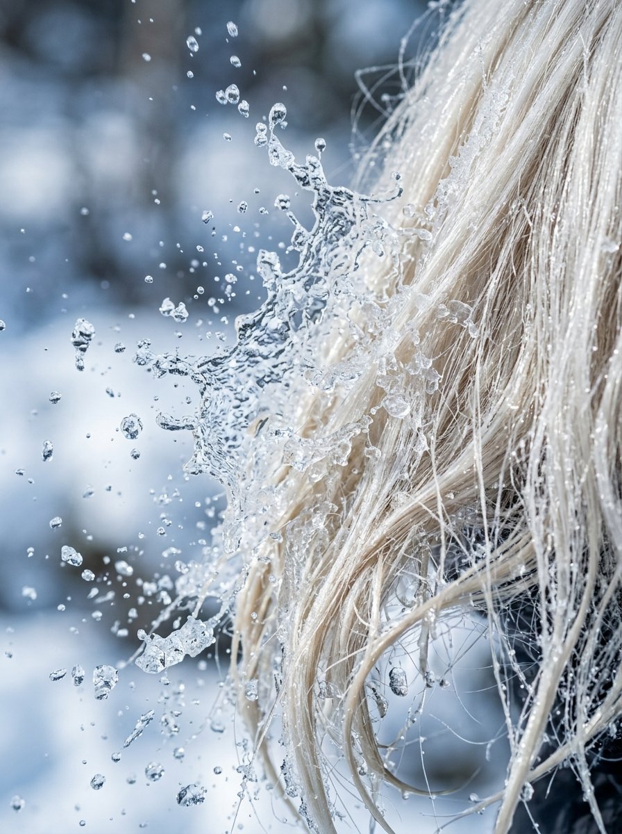 Close up of platinum blonde hair catching a spray of water drops against a blurred natural background.