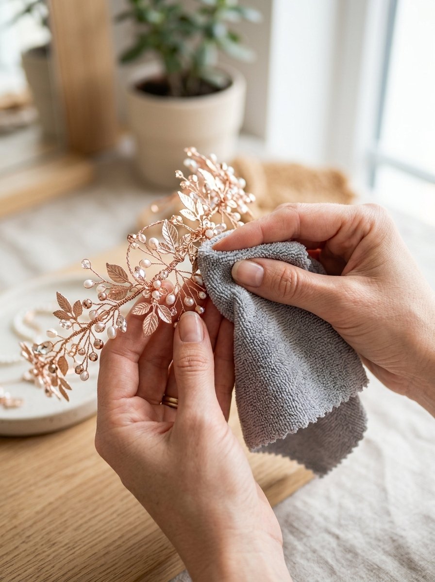 Close-up of hands wiping a floral rose gold tiara with a grey microfiber cloth.