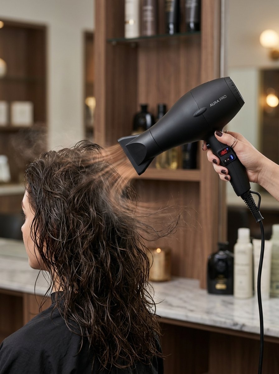 Close-up of a person using a black Aura Pro hair dryer on a client's wet curly hair.