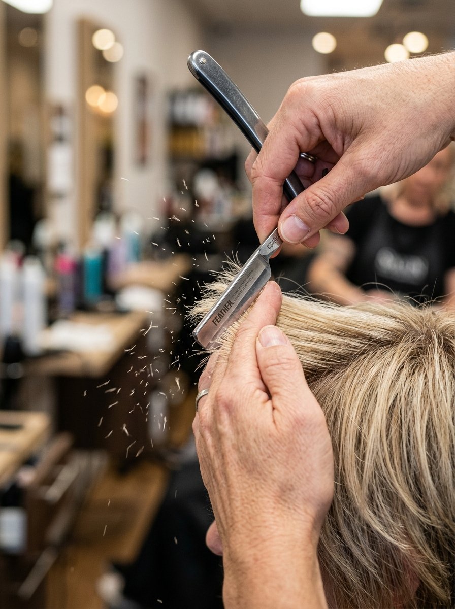 Close up of hands using a Feather brand straight razor to trim layers of light blonde hair in a salon setting.