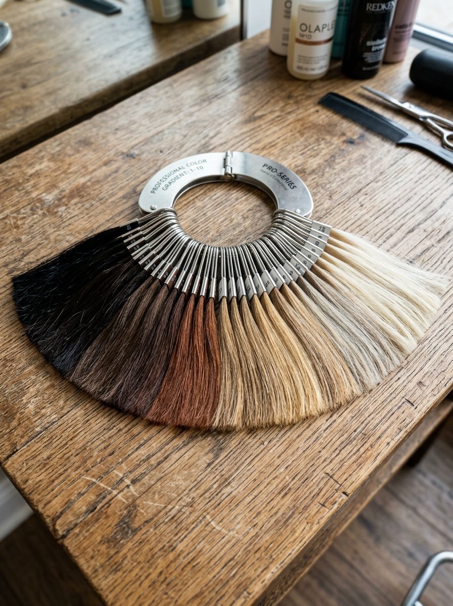 Hair stylist color chart with various shades arranged in a fan on a rustic wooden desk.