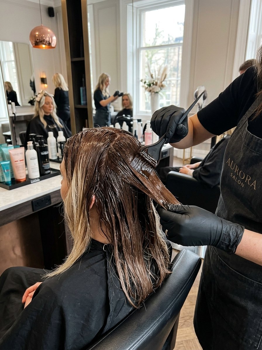A hairdresser with black gloves brushes brown hair dye onto a client's blonde hair inside a bright salon.