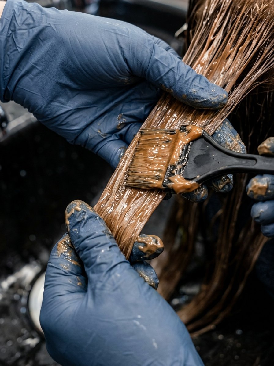 Close up of hands in blue latex gloves brushing brown hair dye onto wet strands of hair in a salon sink.