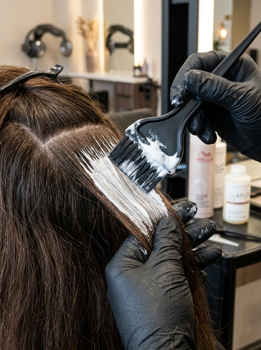 Close up of a hairdresser in black gloves brushing white hair dye onto brown hair in a salon.