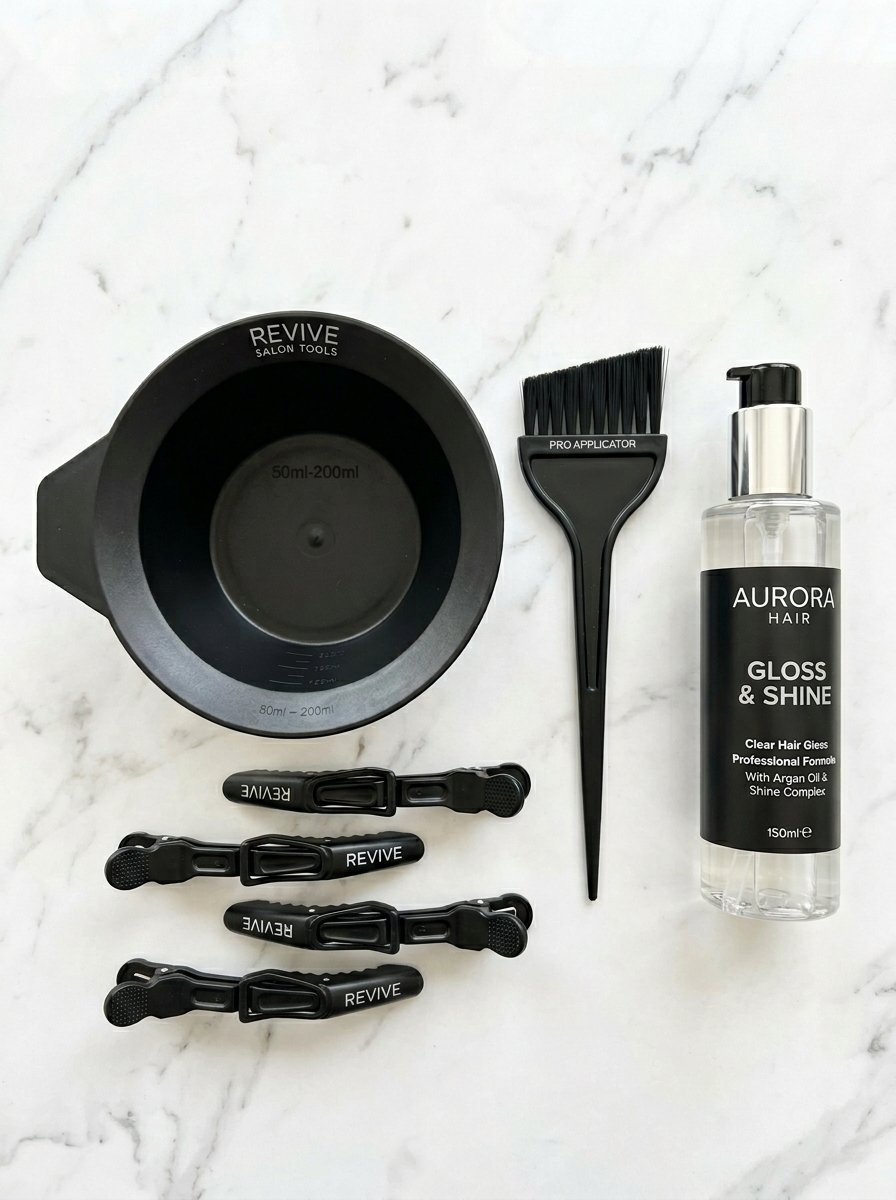 A hair coloring set with a black mixing bowl, applicator brush, four hair clips, and Aurora Gloss and Shine bottle.