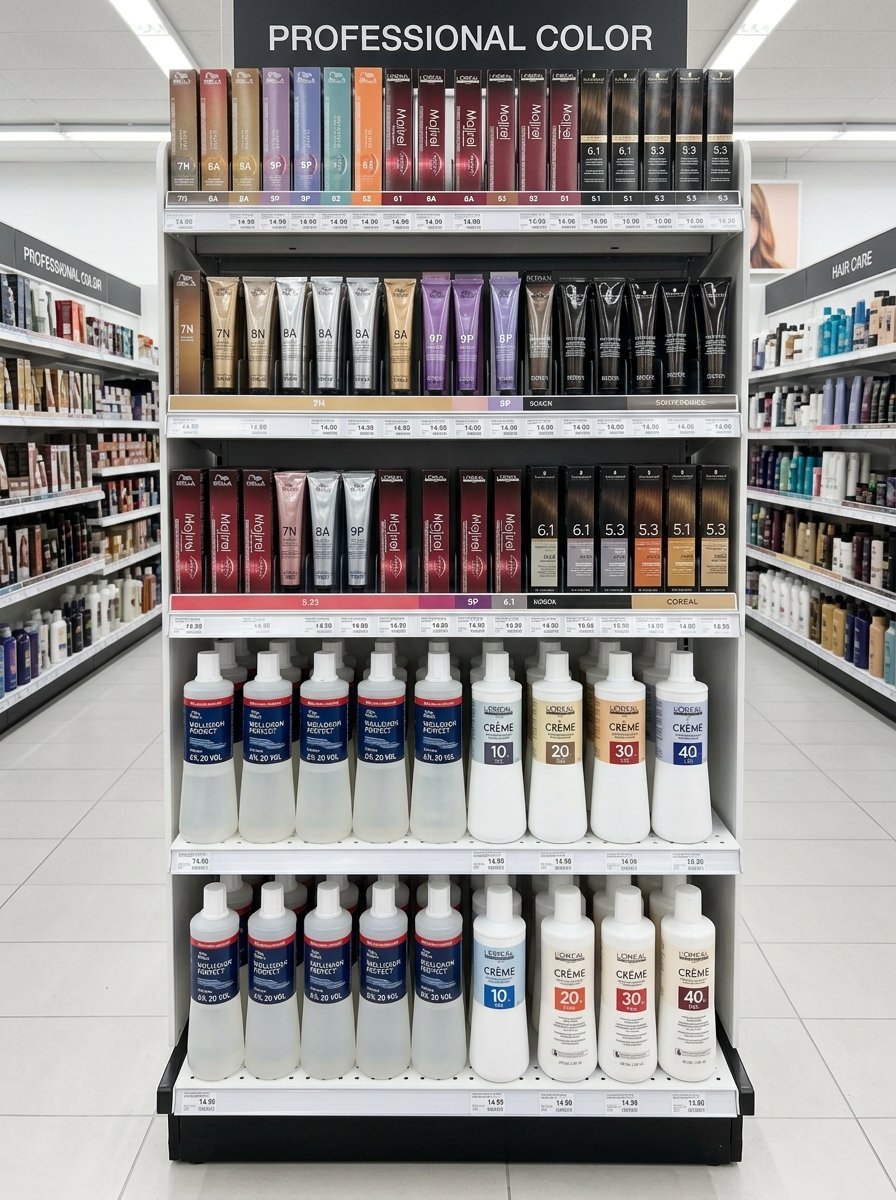 Retail store shelves organized with various L'Oreal hair dye boxes and bottles of cream developer.