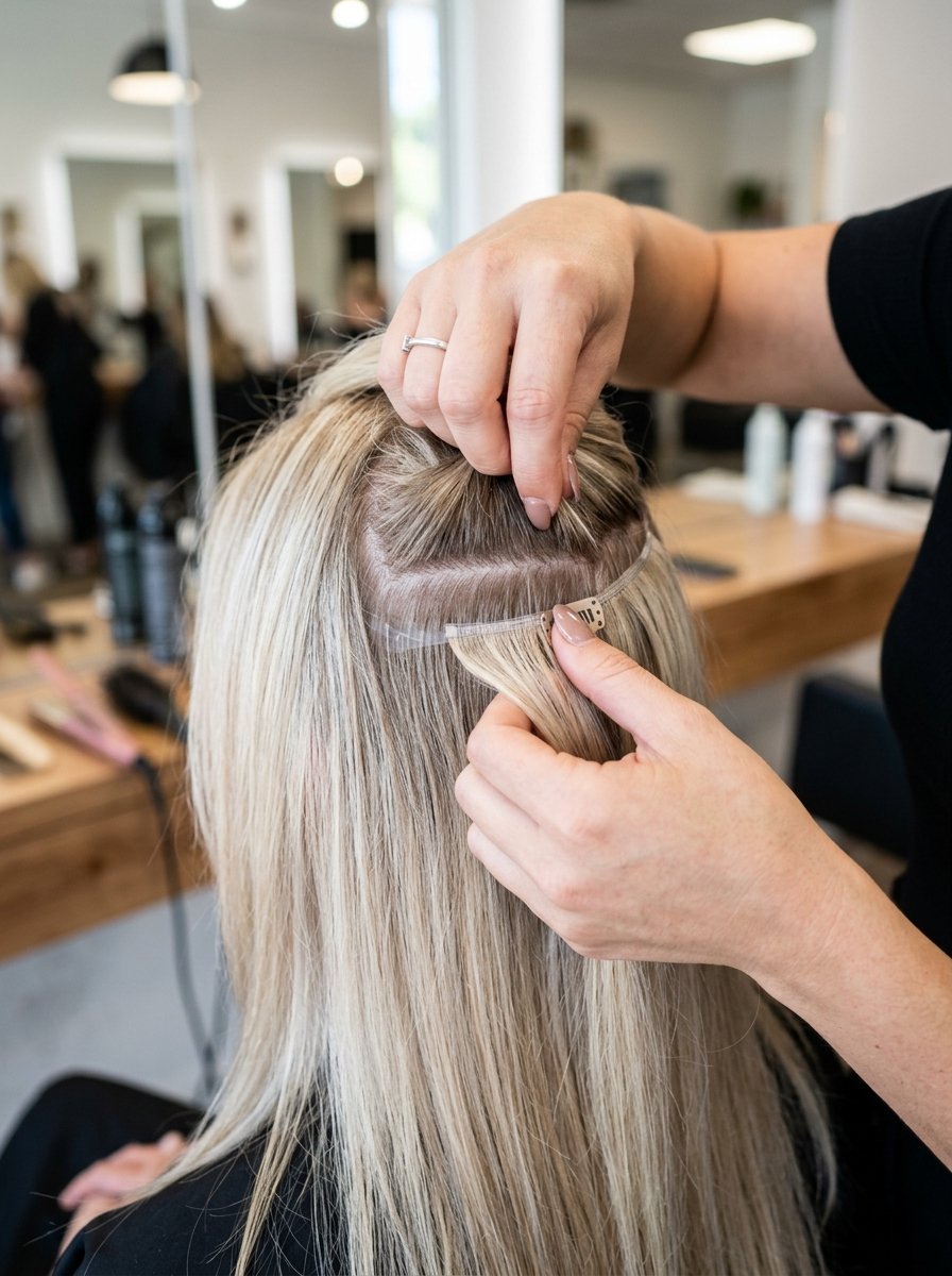 A hairdresser attaches blonde hair extensions to a client's natural hair in a salon setting.