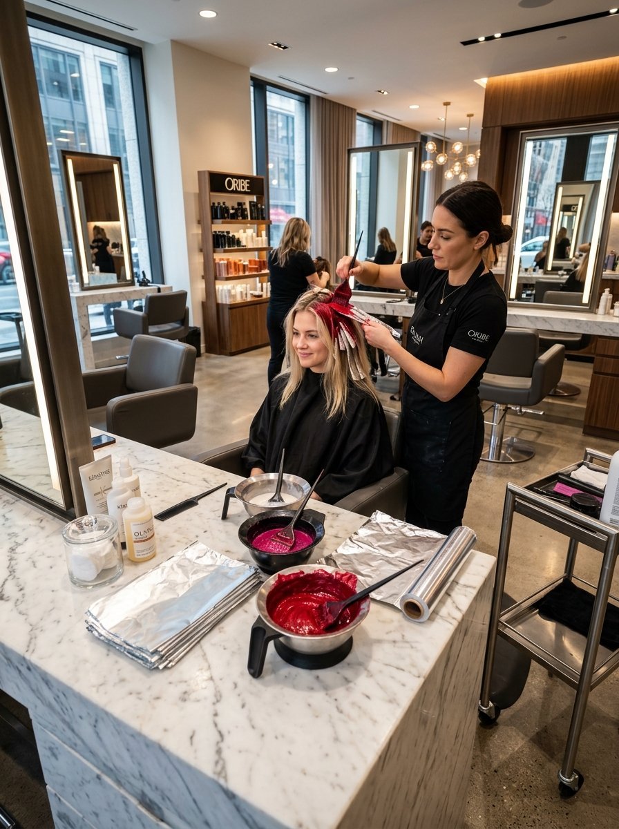 A professional salon worker uses a brush to apply bright red hair color to a blonde woman's hair with foil.