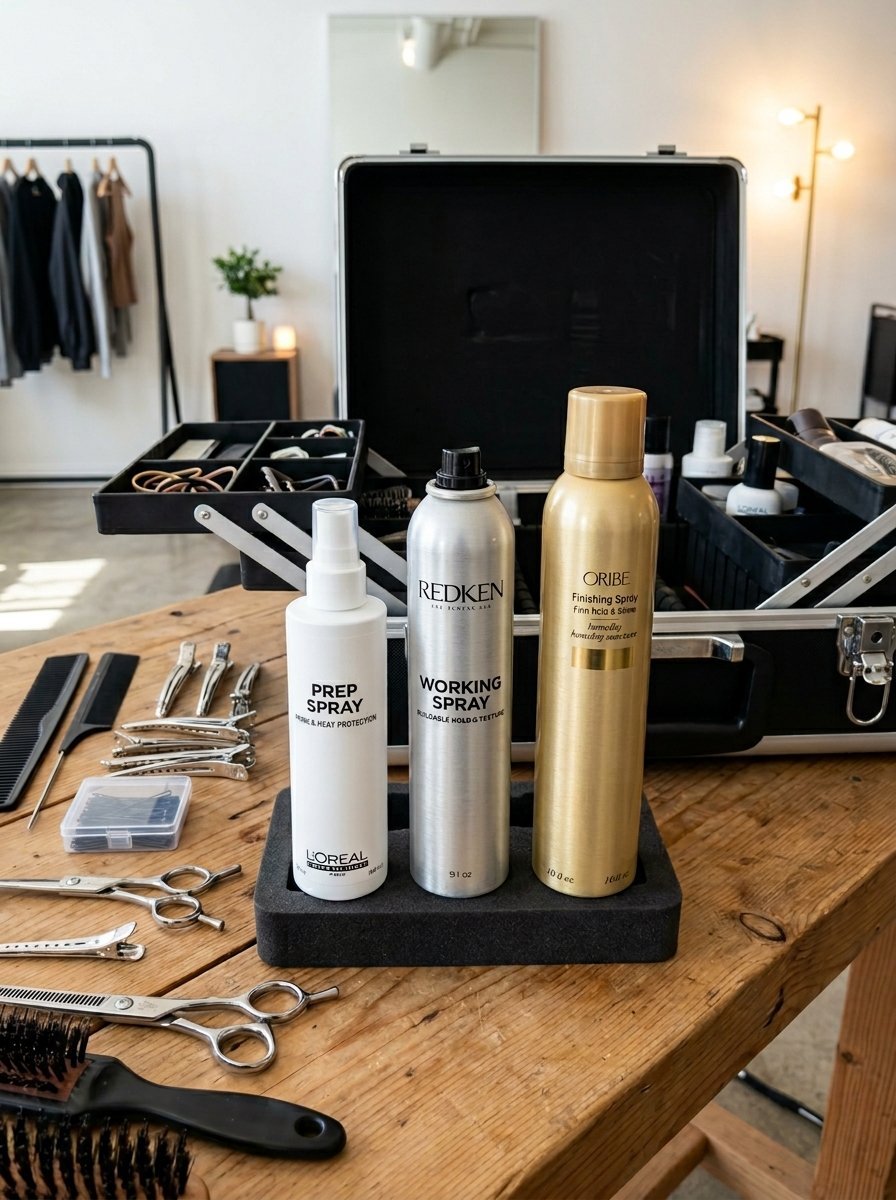 L'Oreal, Redken, and Oribe hair sprays standing in a foam organizer in front of an open beauty supply case.