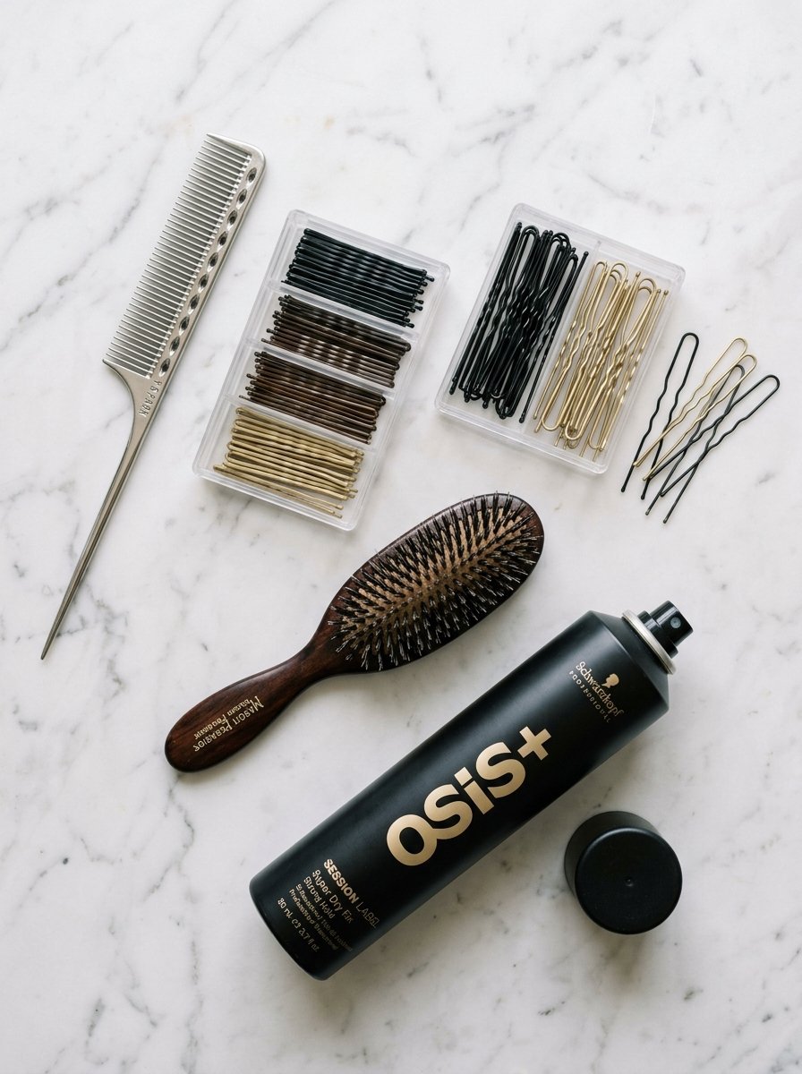Professional hairspray, boar bristle brush, metal tail comb, and organized bobby pins on a white marble surface.