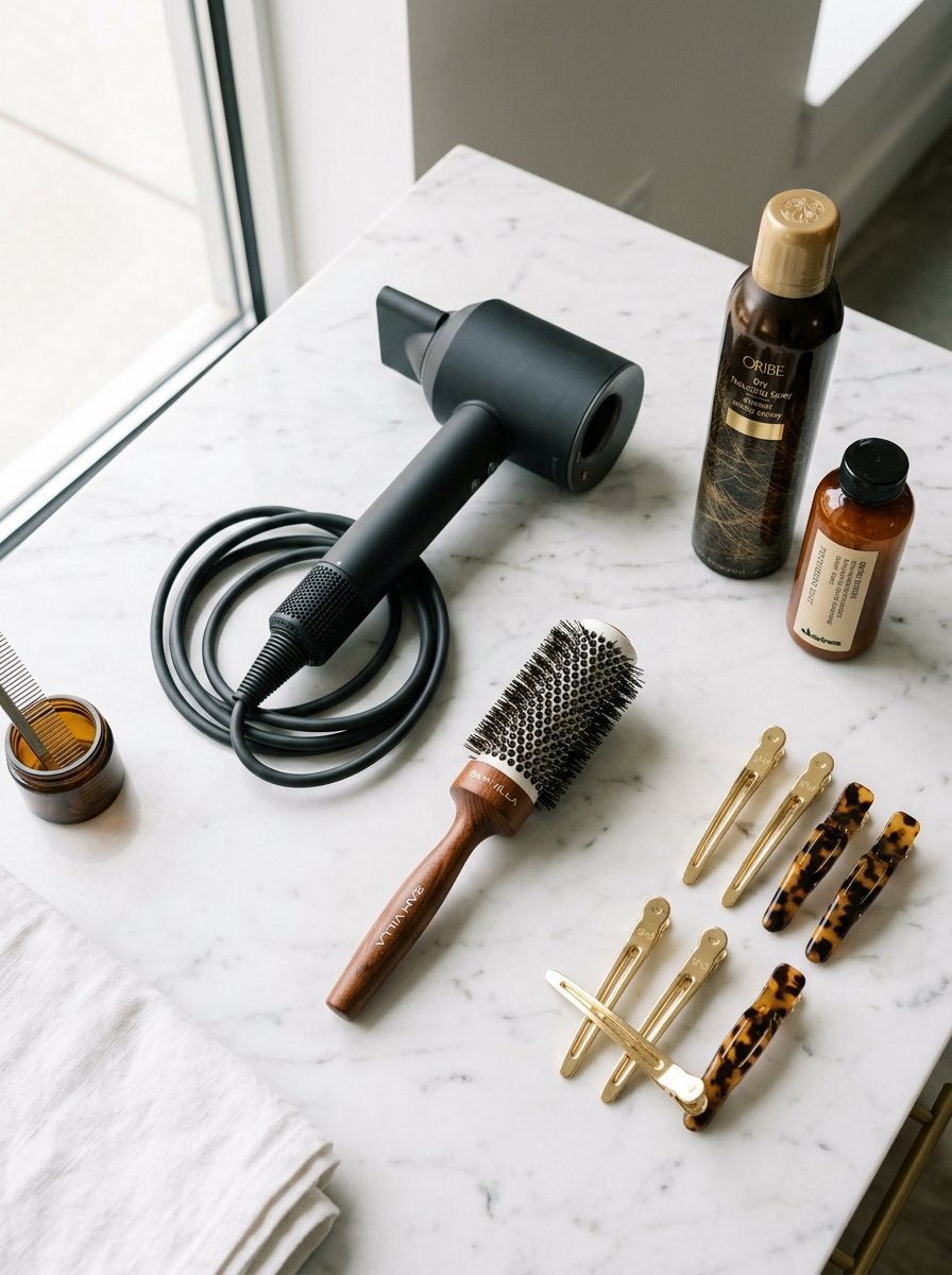 Hair dryer, round brush, hair clips, and Oribe spray bottle on a white marble vanity.