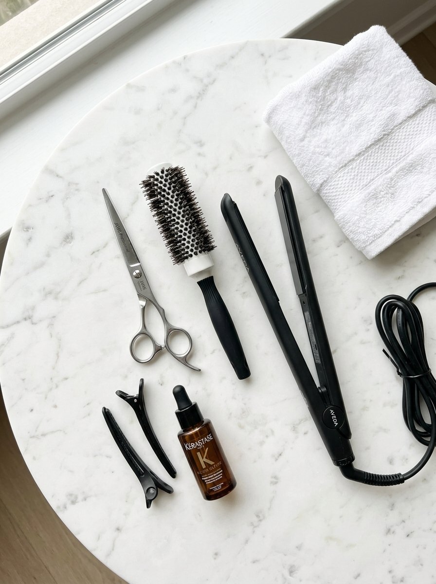 Professional salon tools including shears, a round brush, a hair straightener, and a serum on a white marble surface.