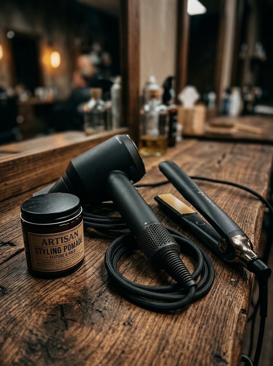 Black hair dryer and flat iron arranged next to a jar of styling pomade on a dark wood salon table.