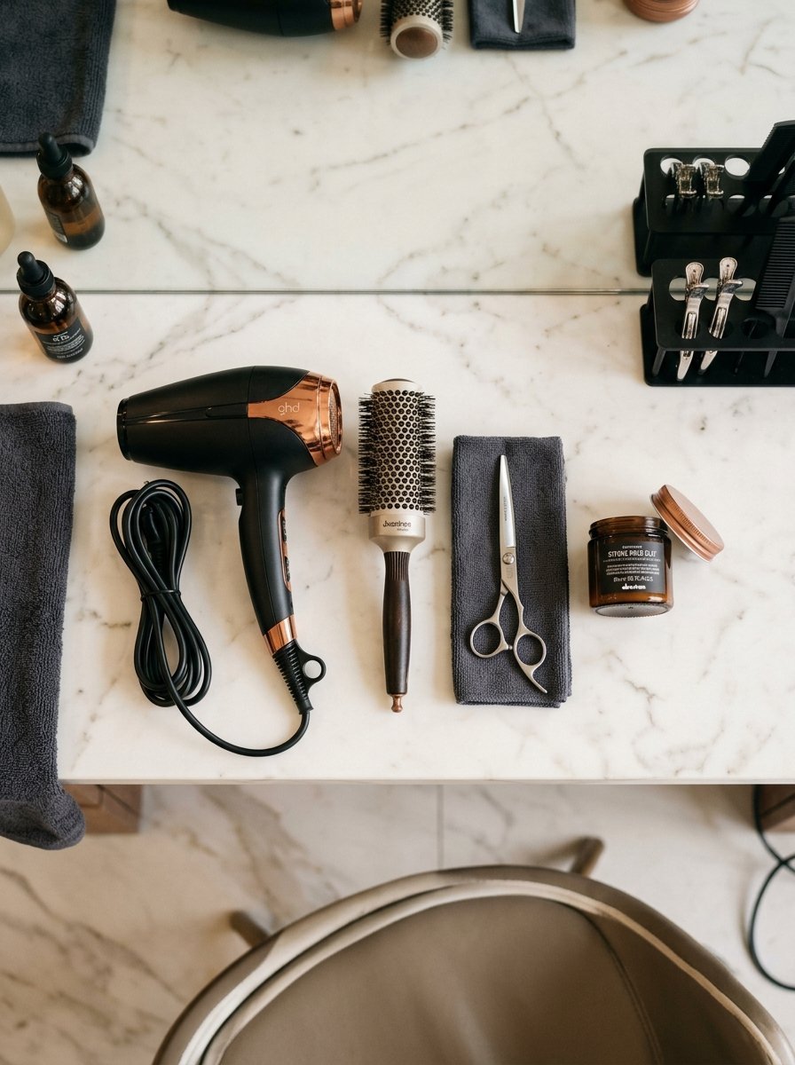 Top-down view of a marble salon counter with a hairdryer, round brush, scissors, and hair products.