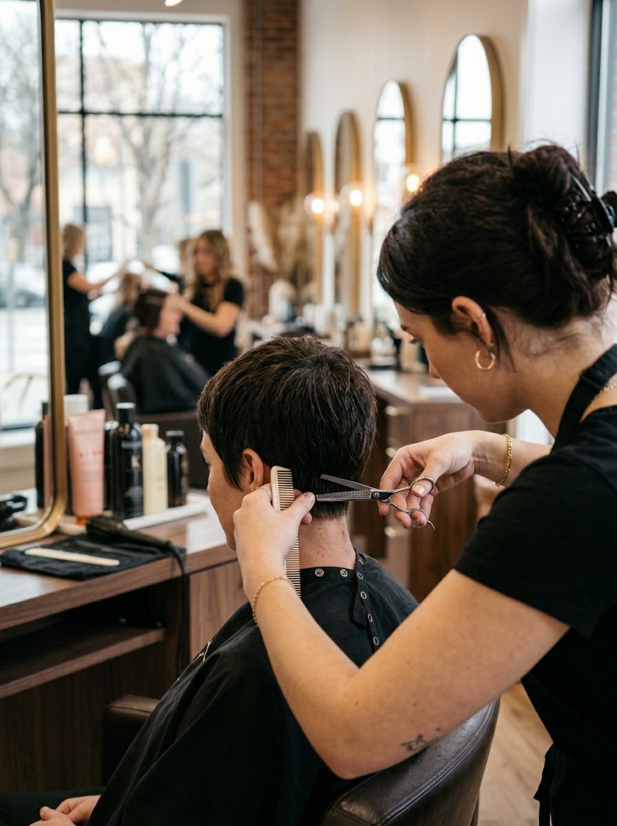 A professional hairdresser cuts a client's short brown hair with professional scissors and a comb in a salon.