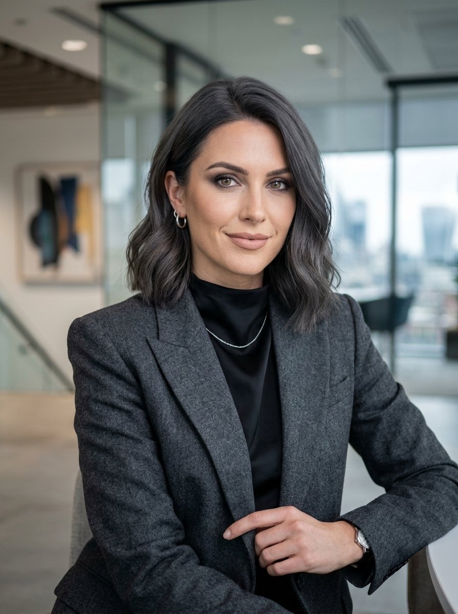 A woman with wavy hair wearing a grey blazer and black top sitting in a modern office space.