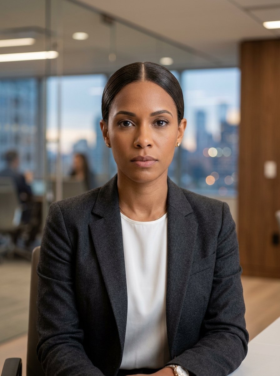 A woman with sleek hair wearing a grey blazer sits in a blurred office background.