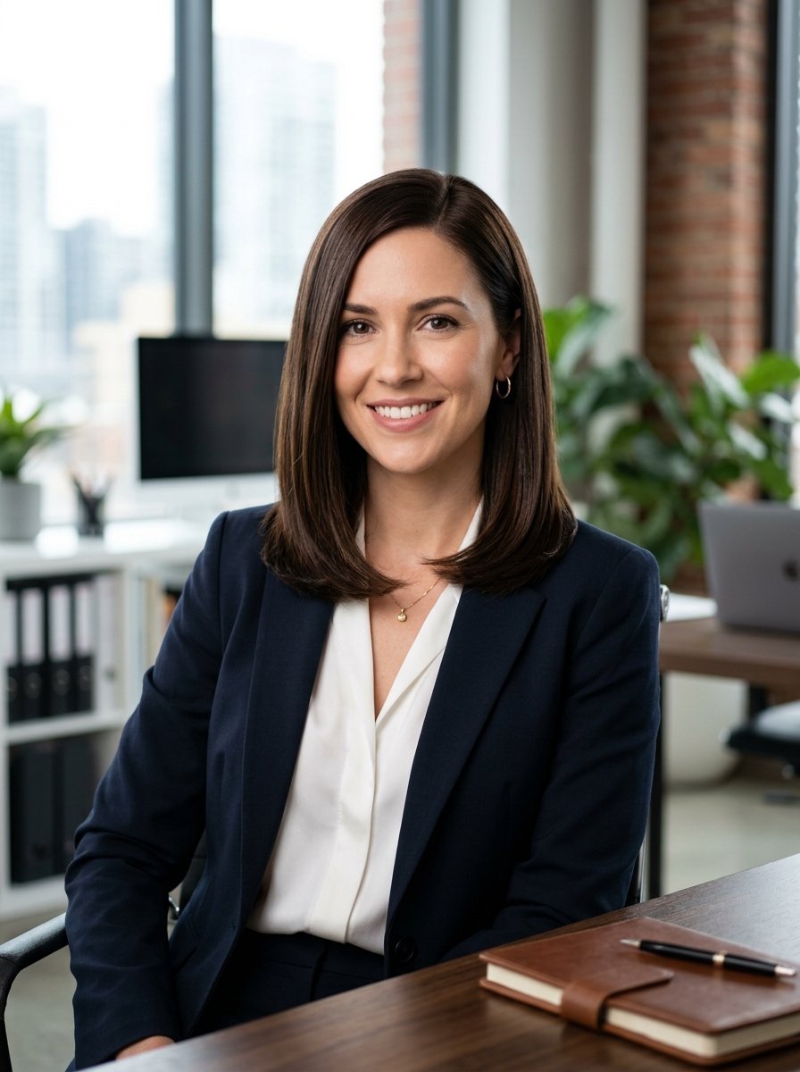 A friendly brunette woman wearing a navy blazer in a bright, modern office setting.