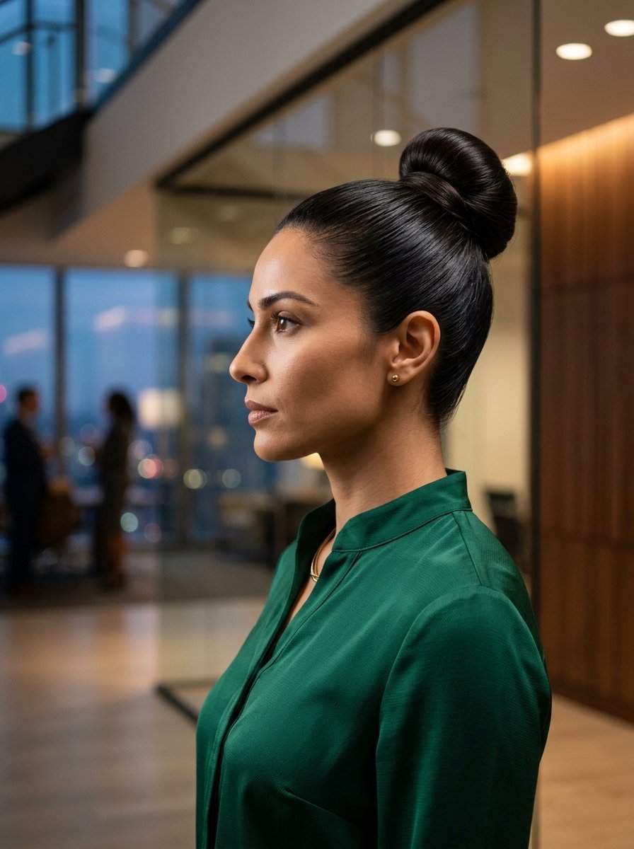 Profile of a woman with a hair bun wearing a green blouse in a dimly lit office workspace.