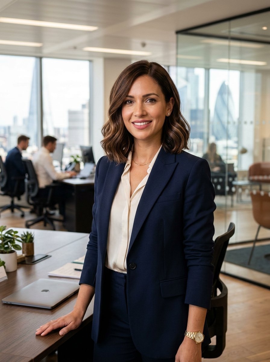 Smiling professional woman in a navy blue suit standing near a desk in a bright, modern office with city views.
