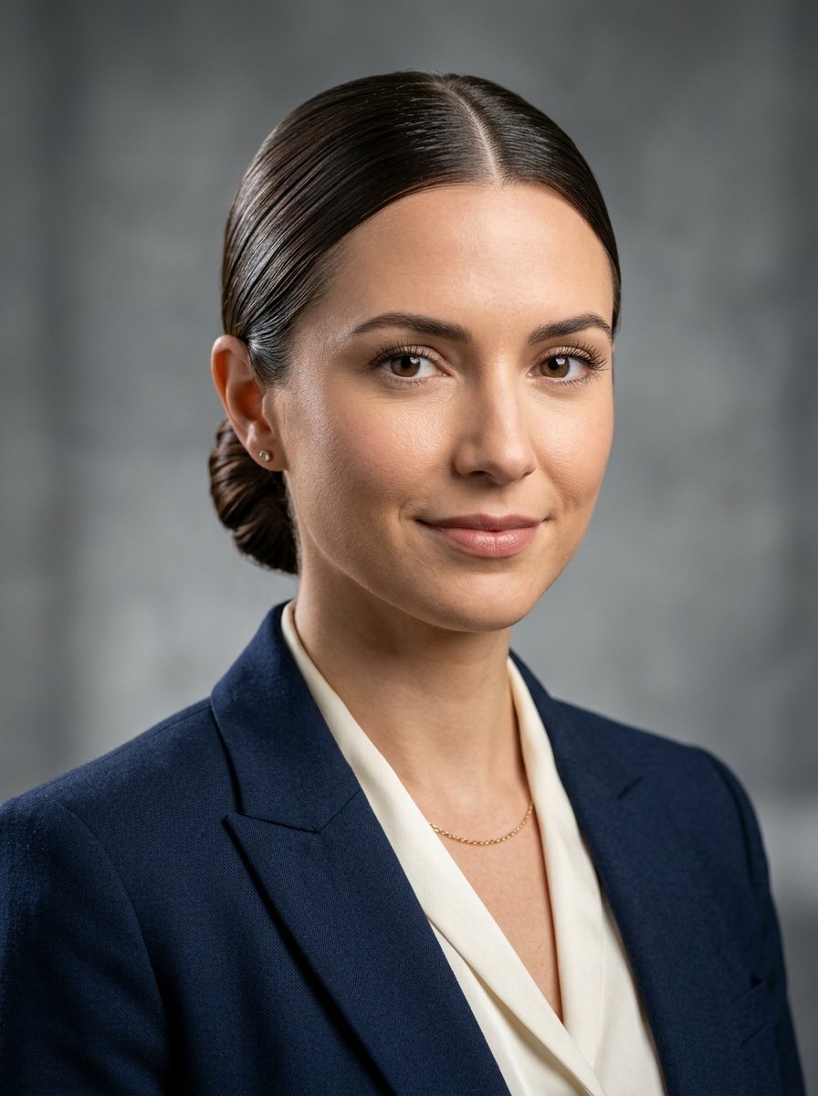 Close-up portrait of a woman in a dark blue jacket and white blouse against a grey background.