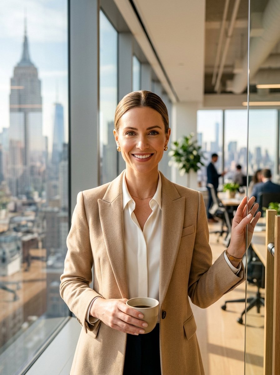 A businesswoman in a tan blazer stands by a window with a NYC skyline view.