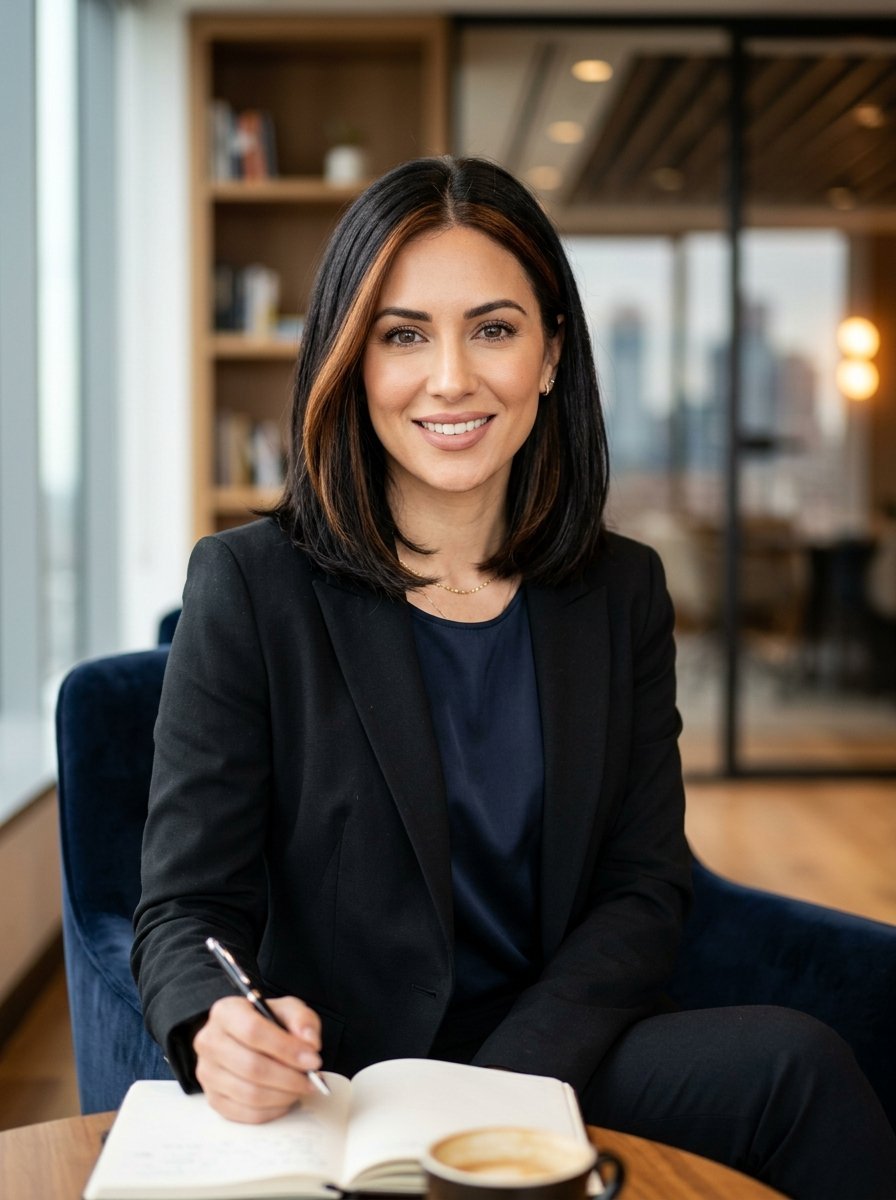 A professional woman in a black blazer sits in a blue chair taking notes with a pen near a cup of coffee.