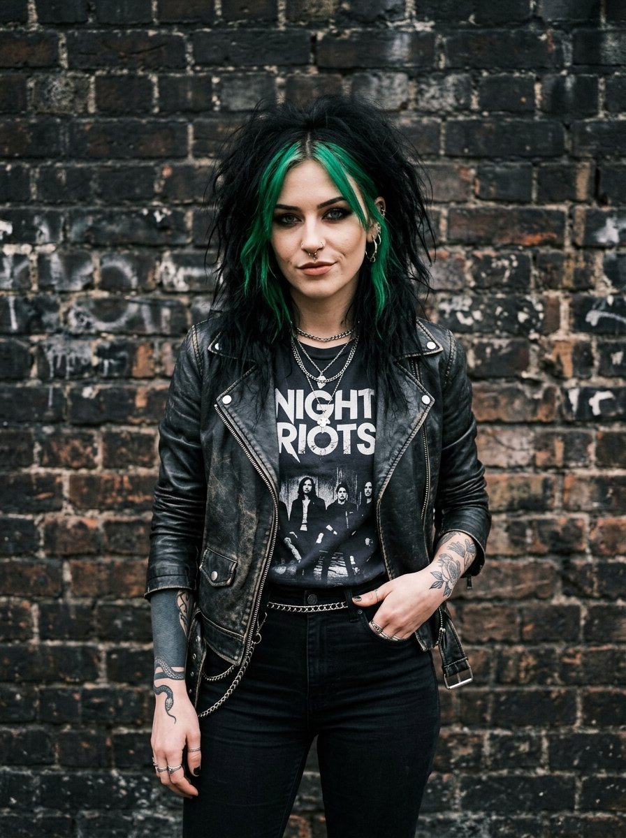 Young woman with black and green hair wearing a band t-shirt and leather jacket posing before a dark brick wall.