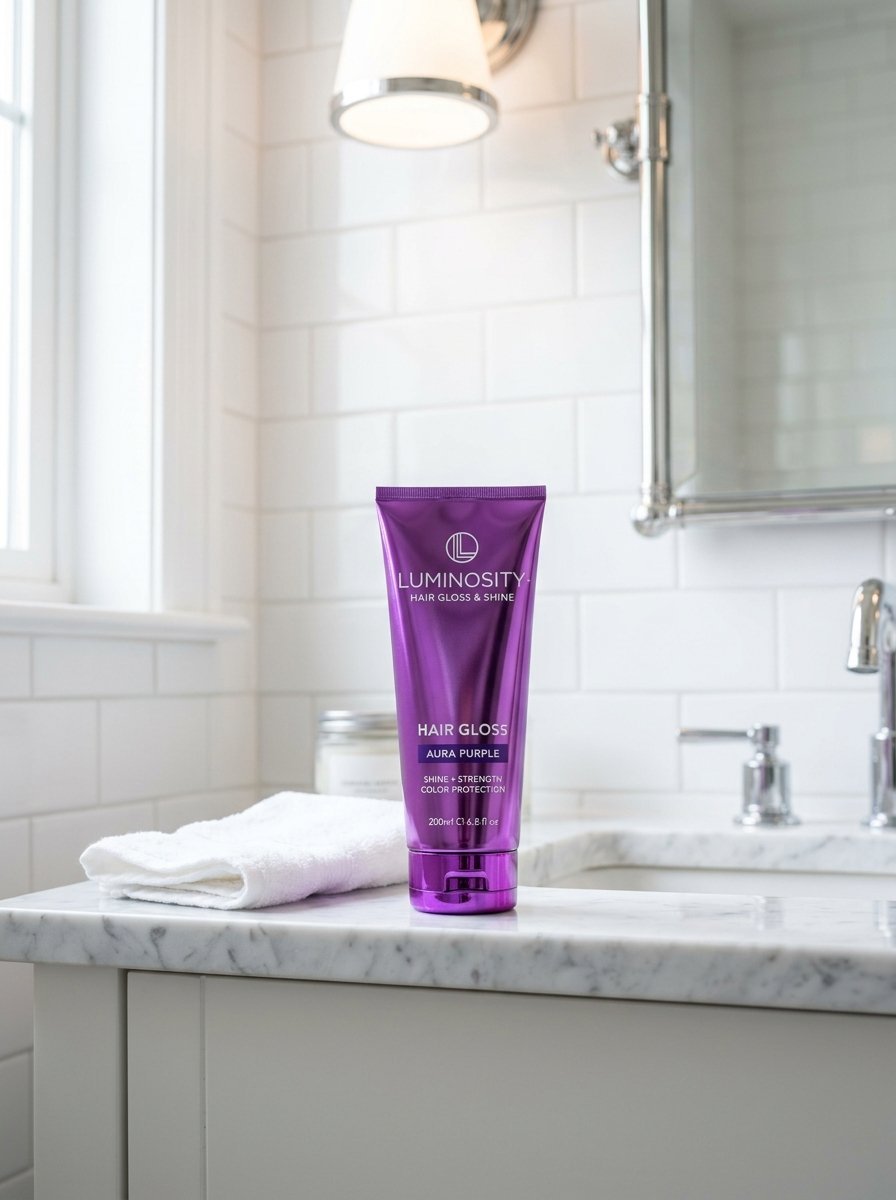 A purple squeeze tube of Luminosity hair gloss placed on a white marble countertop next to a folded towel.