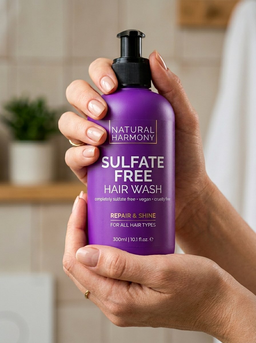 Close-up of hands holding a purple pump bottle of Natural Harmony vegan sulfate-free hair wash.